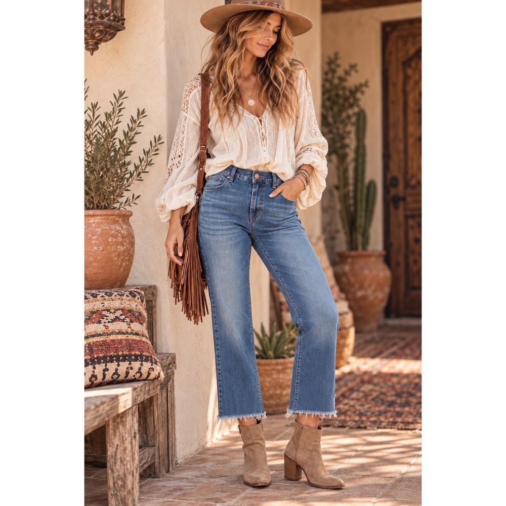 Reba McEntire Women High Rise Straight Leg Frayed Hem Jeans Medium Wash Size 14